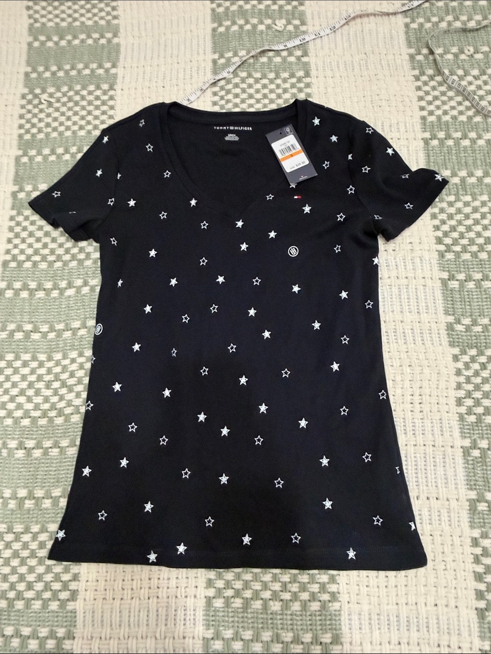 Tommy Hilfiger Black V-Neck Short Sleeve Tee with White Star Print